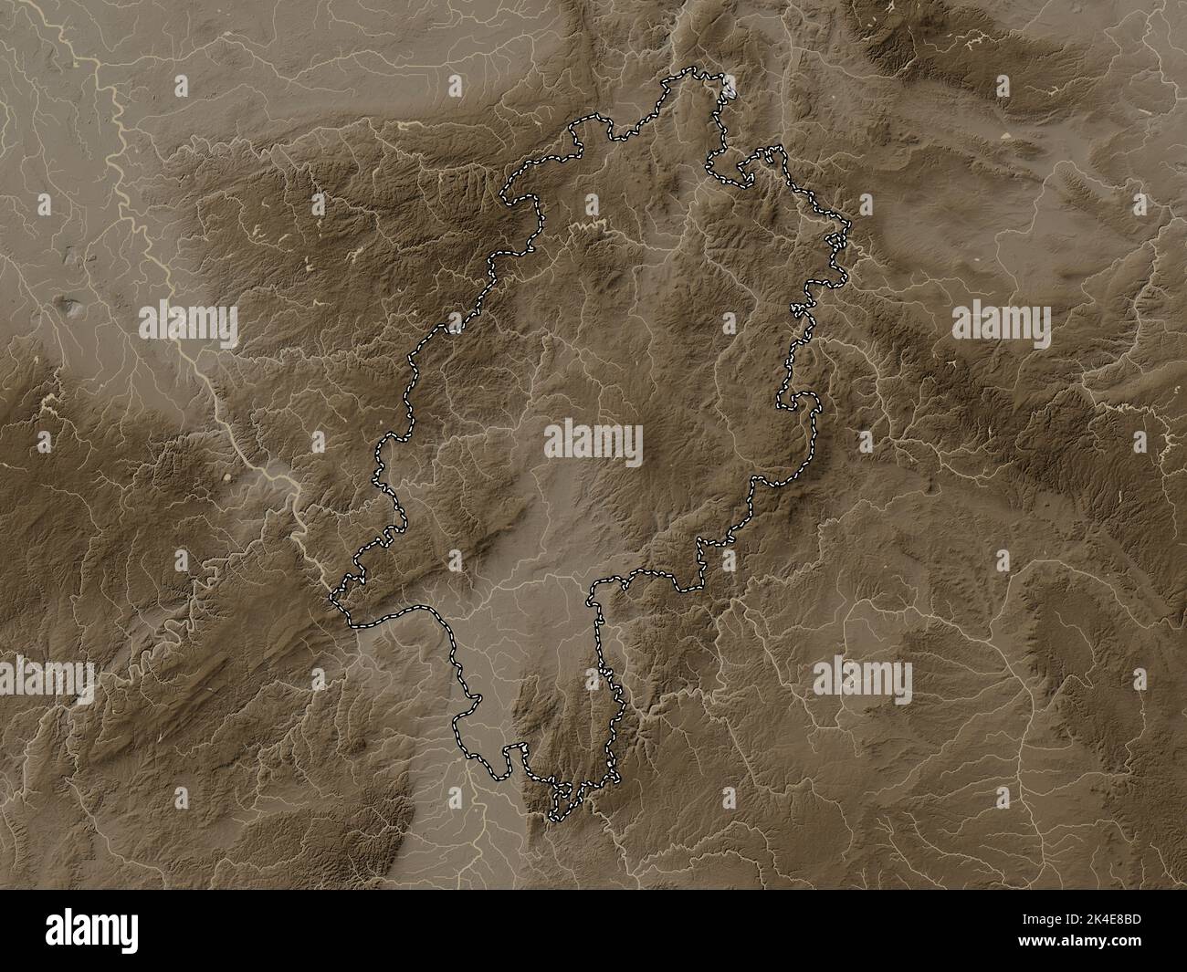 Hessen, state of Germany. Elevation map colored in sepia tones with