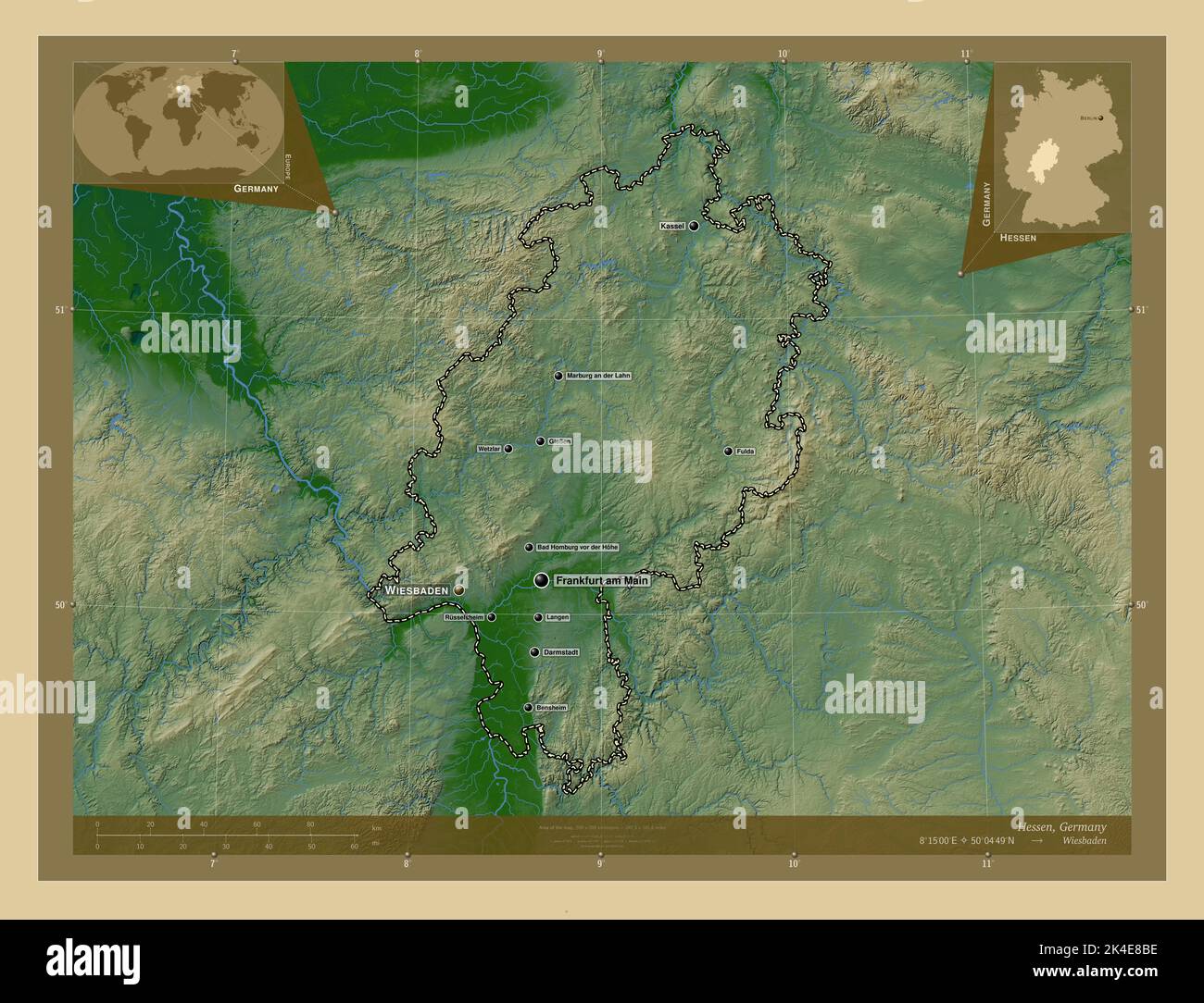Hessen, state of Germany. Colored elevation map with lakes and rivers