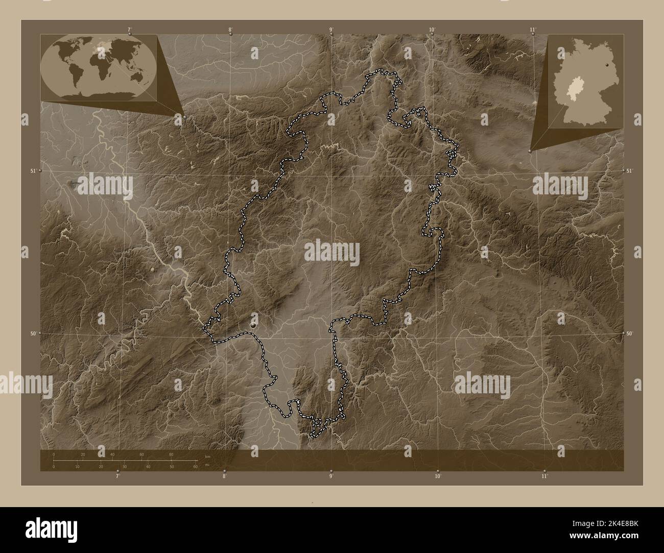 Hessen, state of Germany. Elevation map colored in sepia tones with