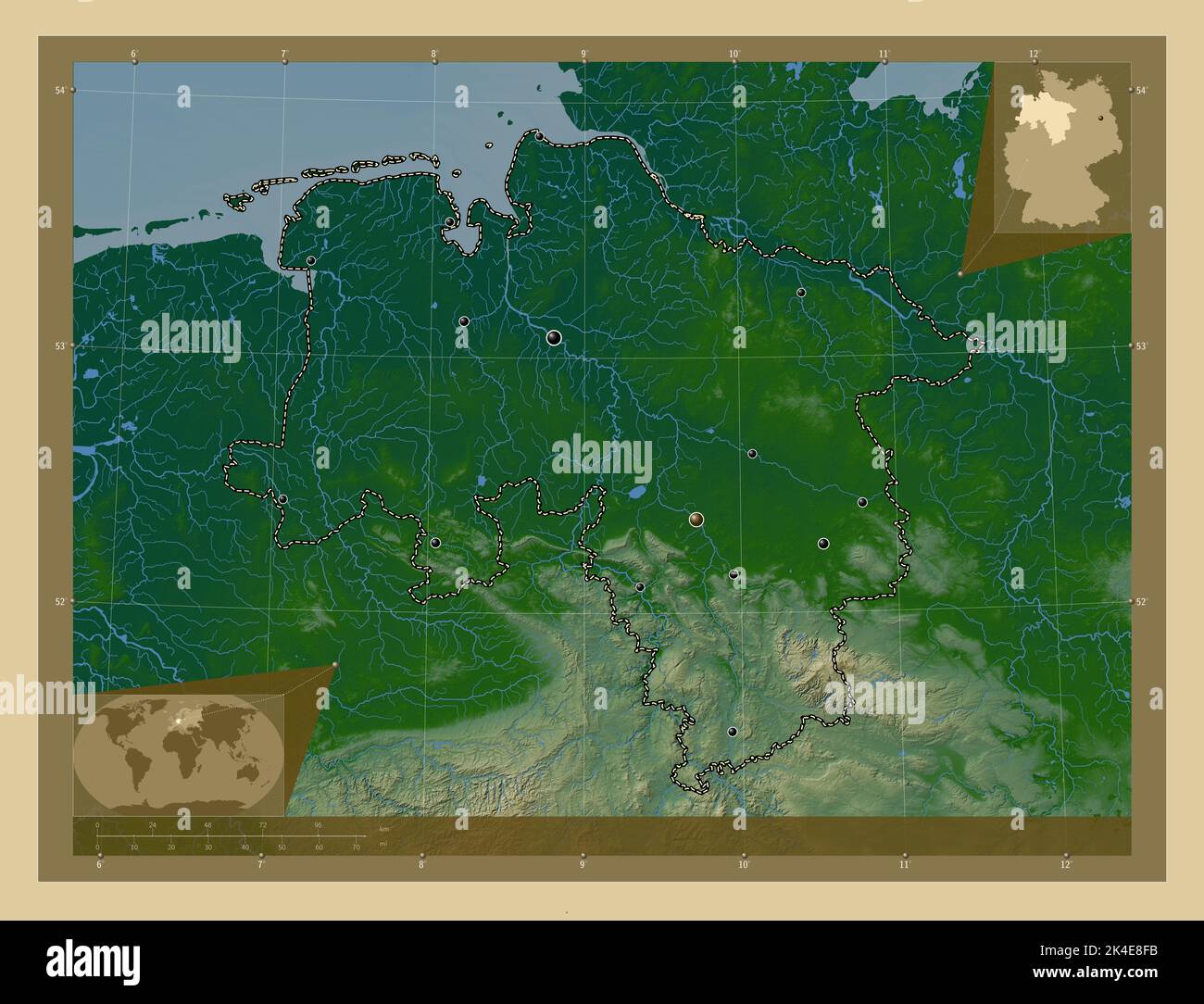 Niedersachsen, state of Germany. Colored elevation map with lakes and