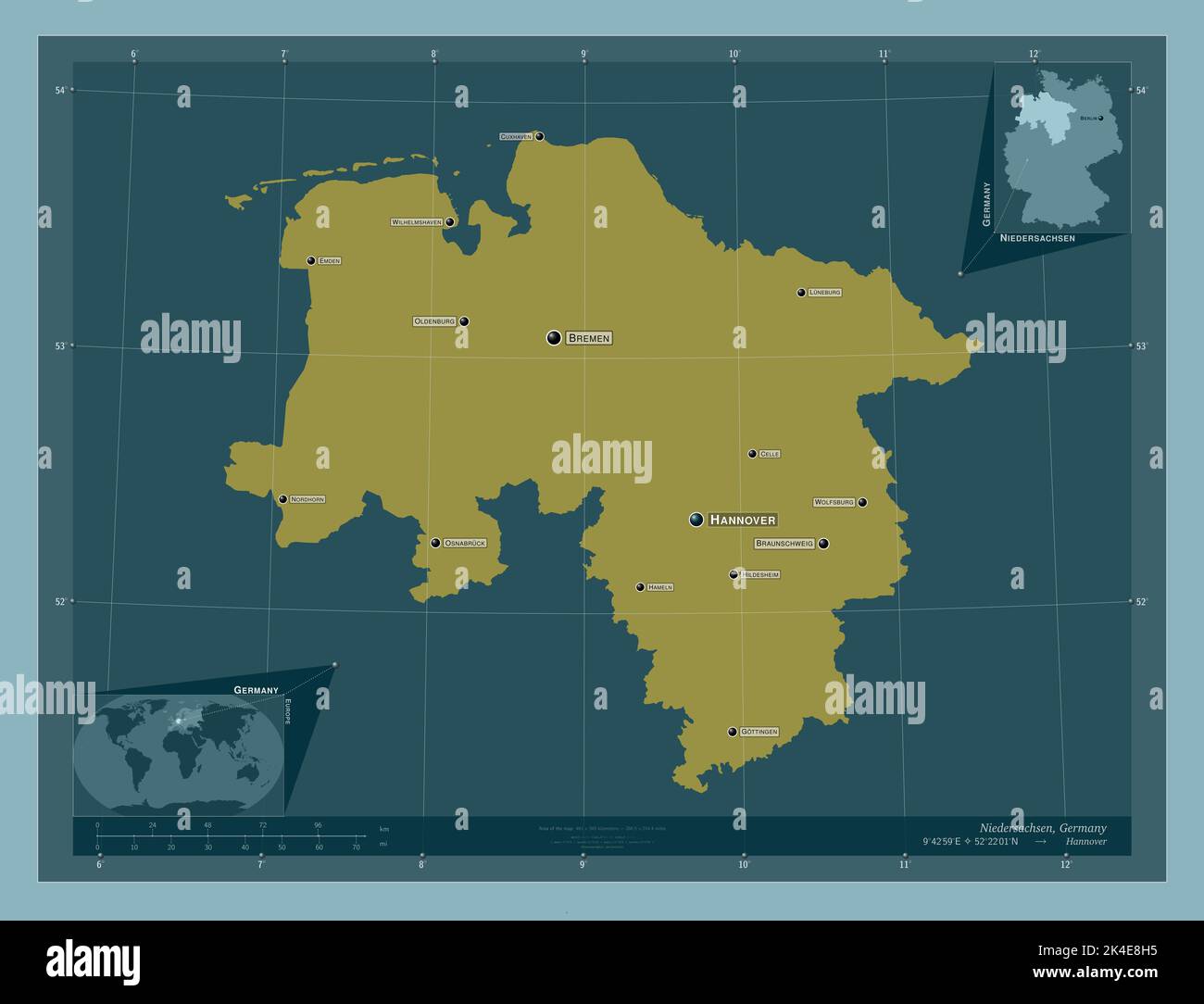 Niedersachsen, state of Germany. Solid color shape. Locations and names