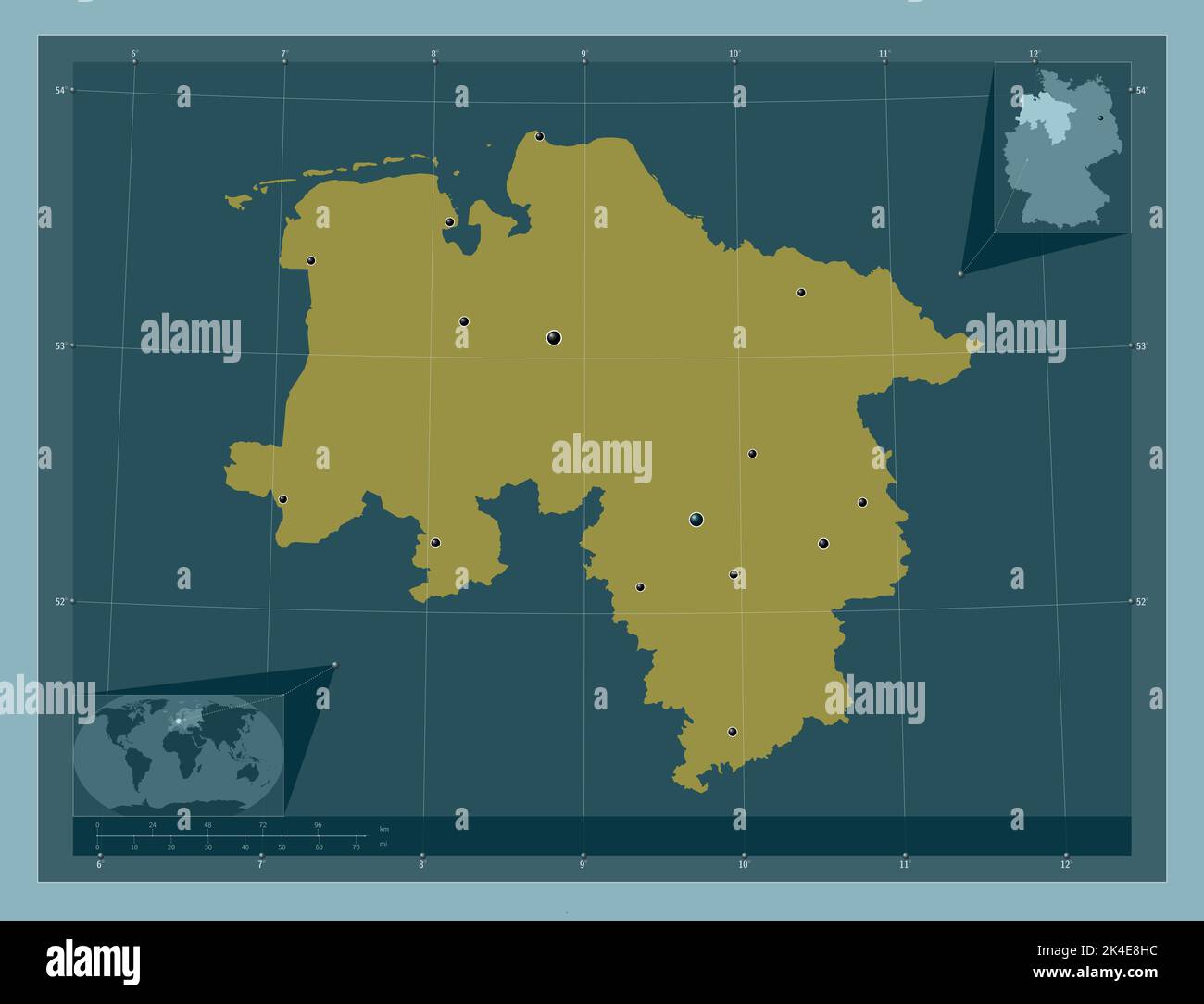 Niedersachsen, state of Germany. Solid color shape. Locations of major