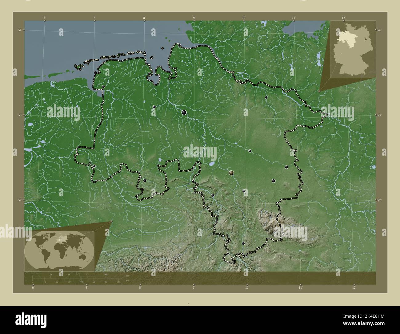 Niedersachsen, state of Germany. Elevation map colored in wiki style