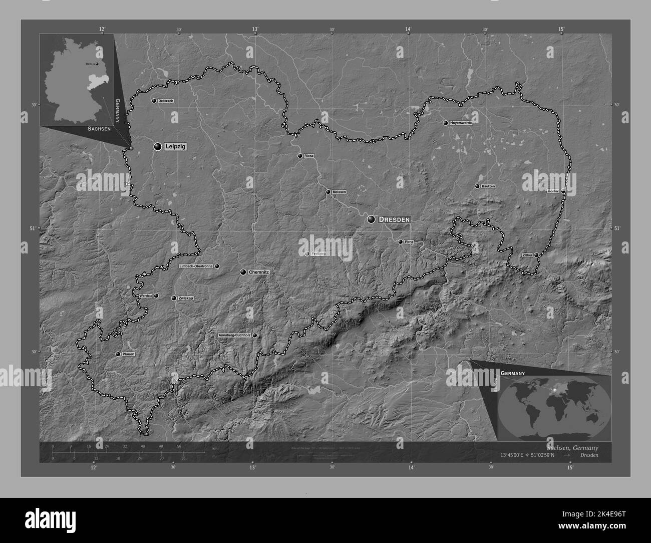 Sachsen, state of Germany. Bilevel elevation map with lakes and rivers. Locations and names of ...