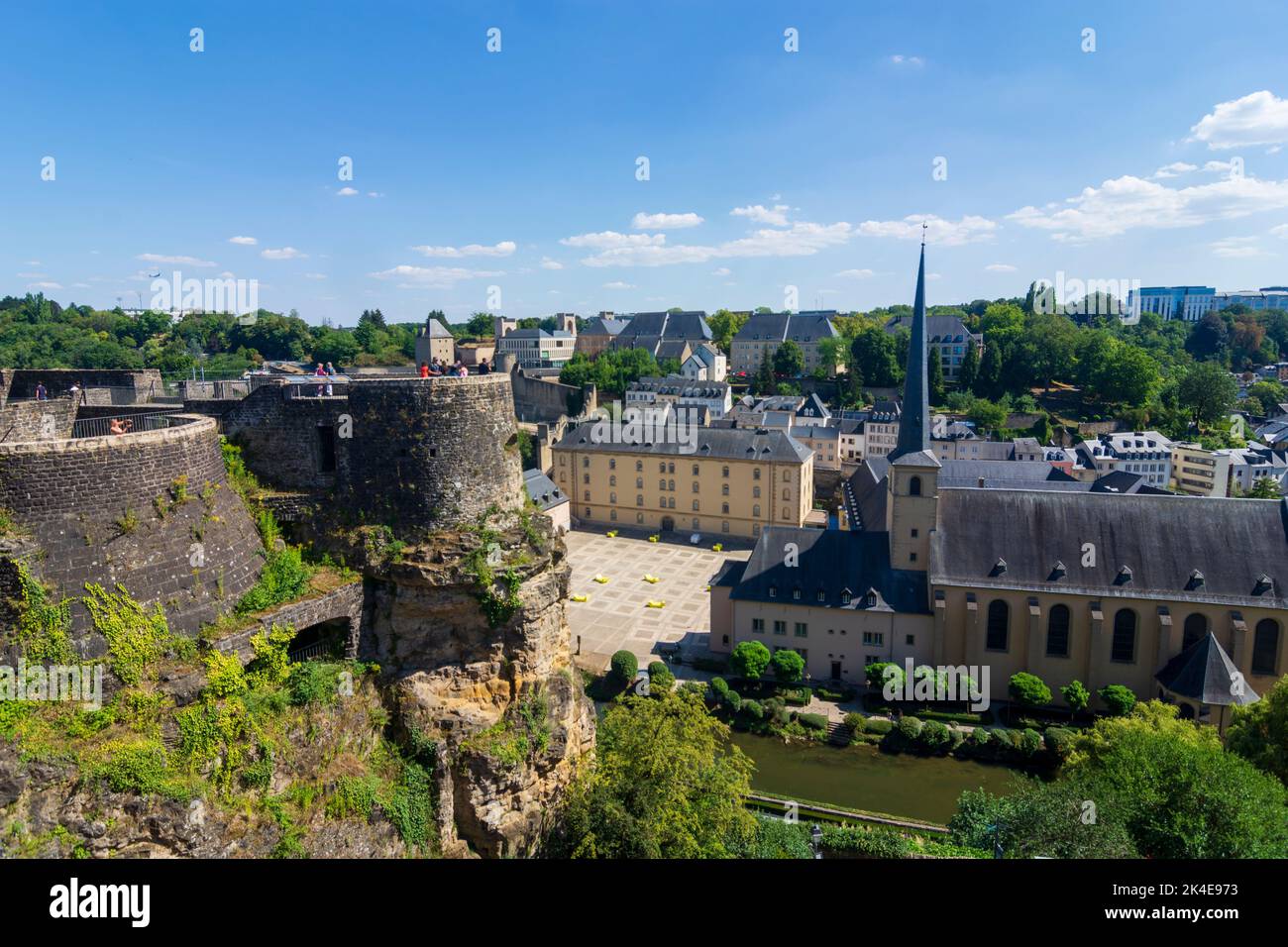 Luxembourg City (Lëtzebuerg; Luxemburg): view from the Fortress of Luxembourg to Alzette valley and Neumünster Abbey in district Grund in old town, Lu Stock Photo