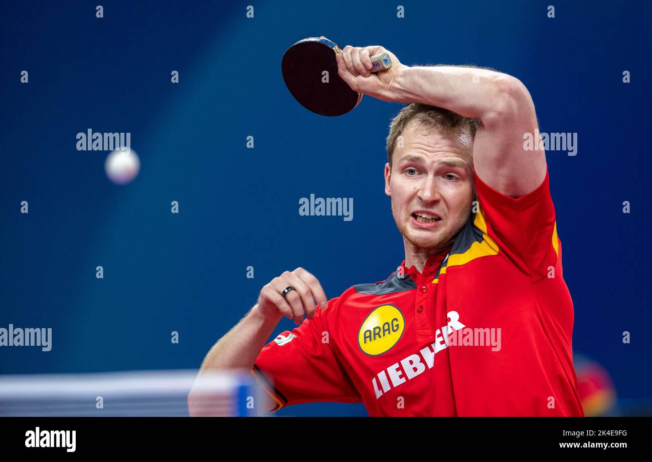 CHENGDU, CHINA - OCTOBER 2, 2022 - Benedikt Duda of Germany competes against Sathiyan Gnanasekaran of India during 2022 ITTF World Team Championships Stock Photo