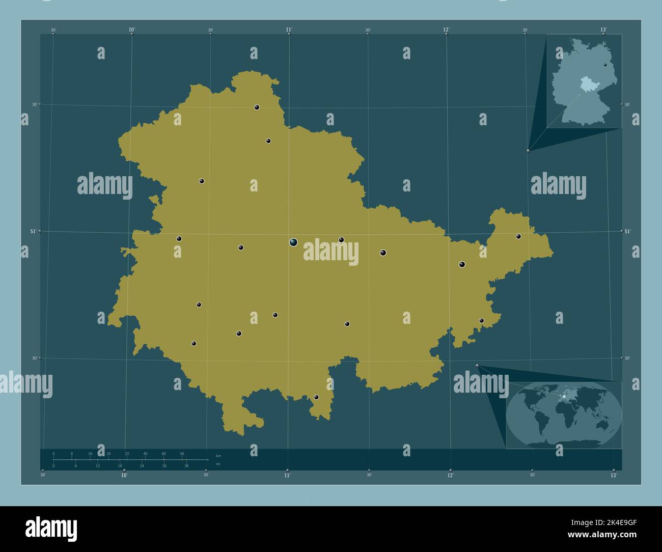 Thuringen, state of Germany. Solid color shape. Locations of major ...