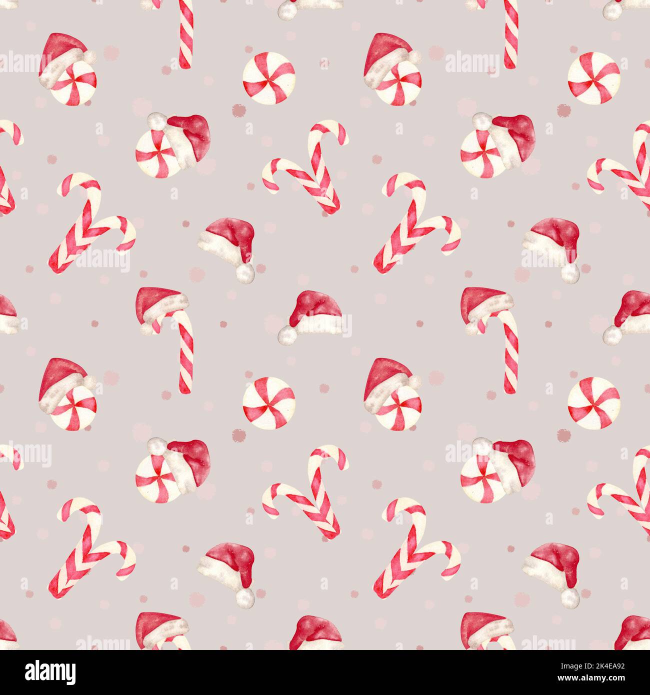 Watercolor Christmas seamless pattern with Candy Canes and Santa Hat ...