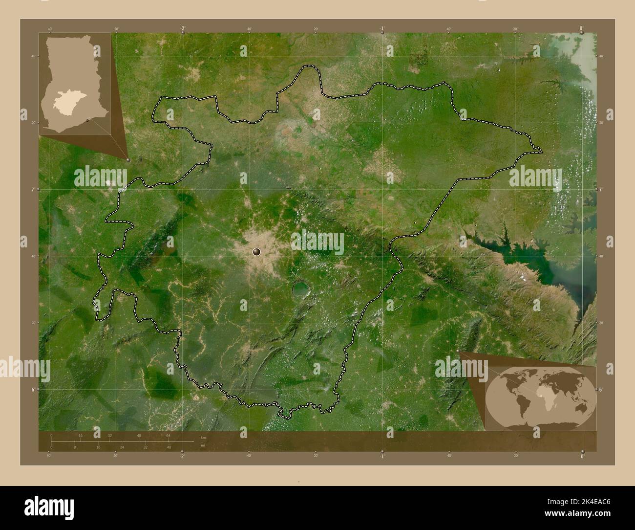 Ashanti, region of Ghana. Low resolution satellite map. Corner ...
