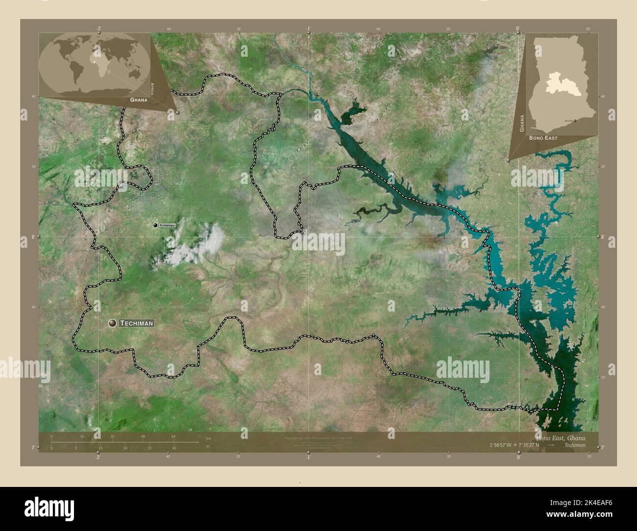 Bono East, region of Ghana. High resolution satellite map. Locations