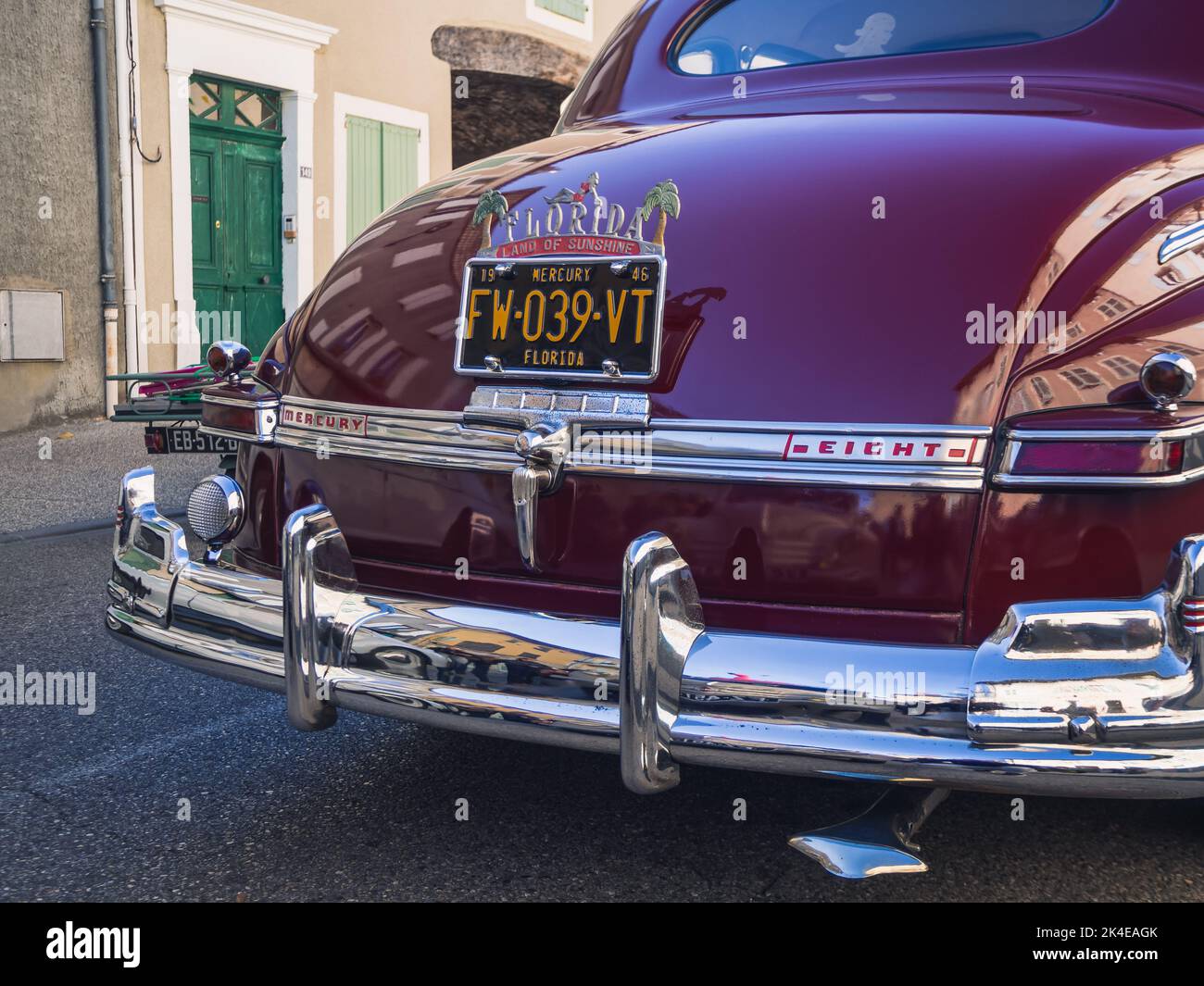 Loriol sur Drome, France - 17 September, 2022: Vintage plum color Mercury Eight 1949, on the street. Classic car exhibition in Loriol sur Drome, Franc Stock Photo