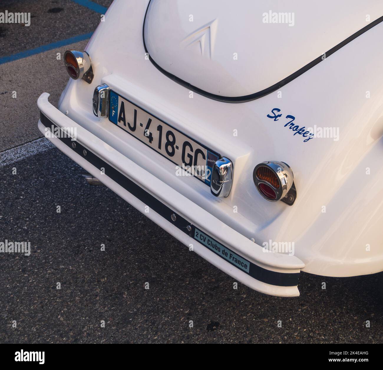 Loriol sur Drome, France - 17 September, 2022: Vintage white Citroen 2CV- 'Saint Tropez' on the street. Classic car exhibition in Loriol sur Drome, Fr Stock Photo