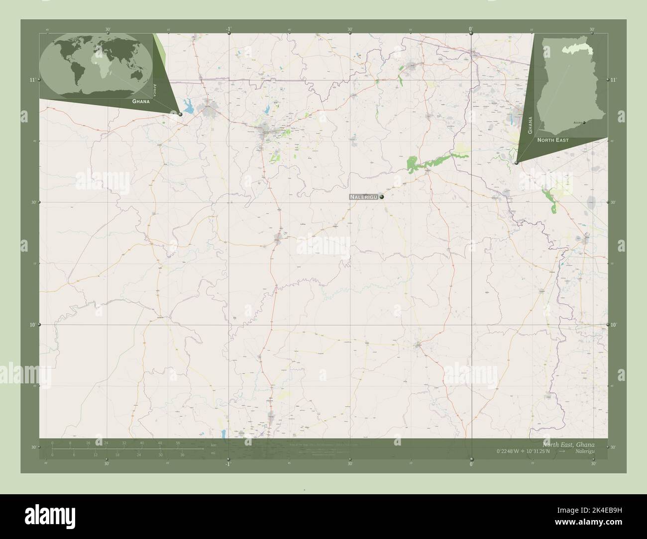 North East, region of Ghana. Open Street Map. Locations and names of ...