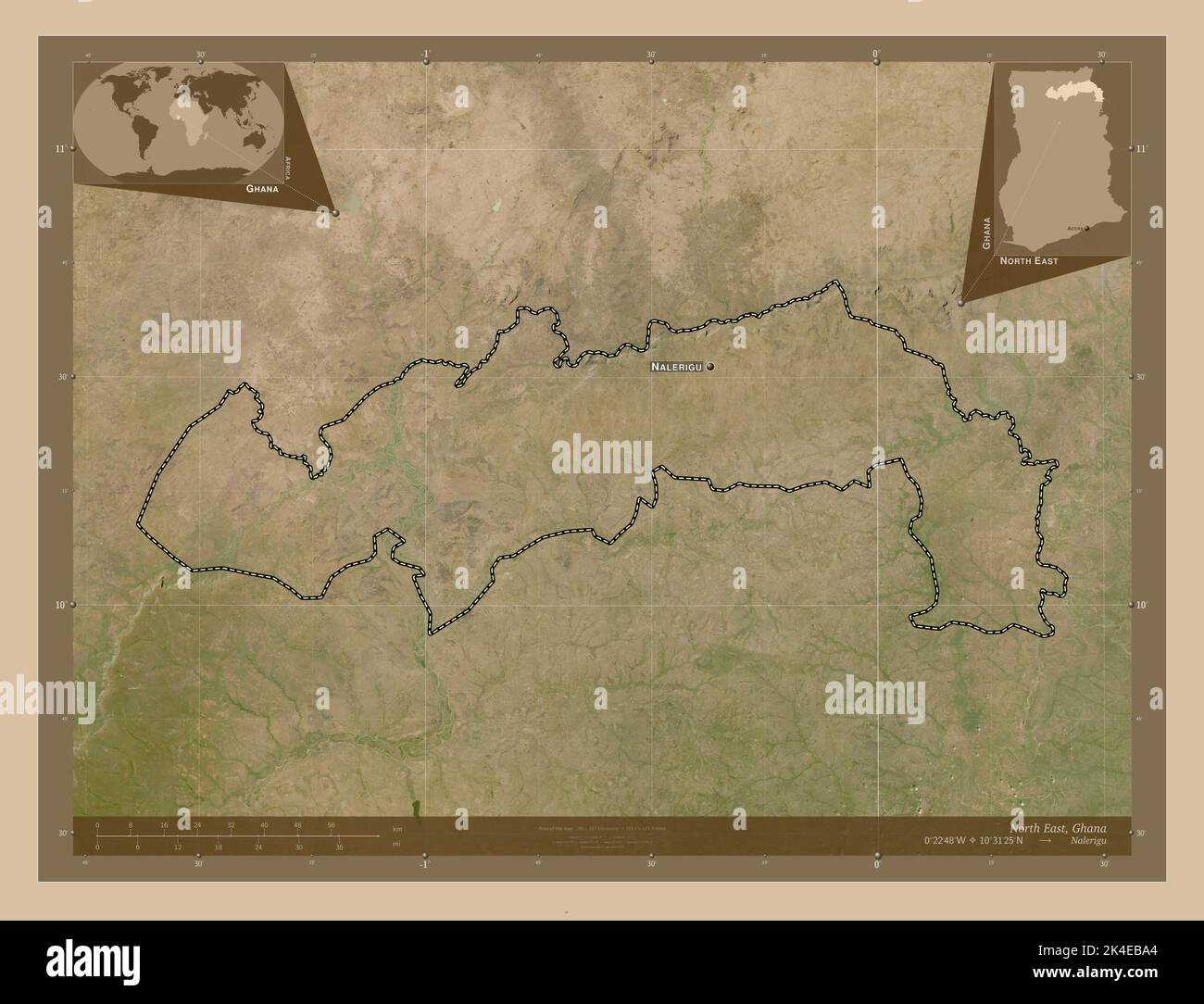 North East, region of Ghana. Low resolution satellite map. Locations ...