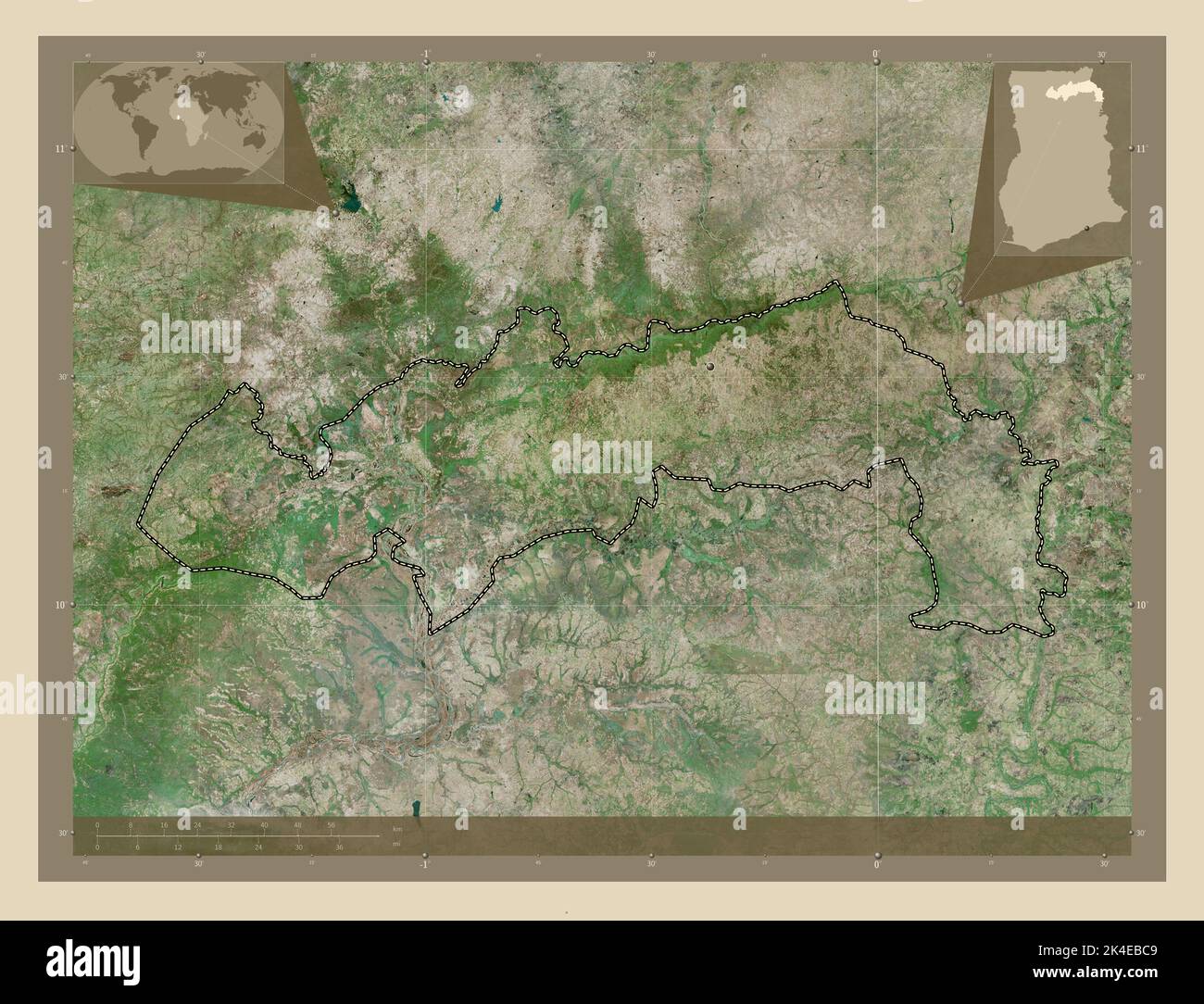 North East, region of Ghana. High resolution satellite map. Locations ...