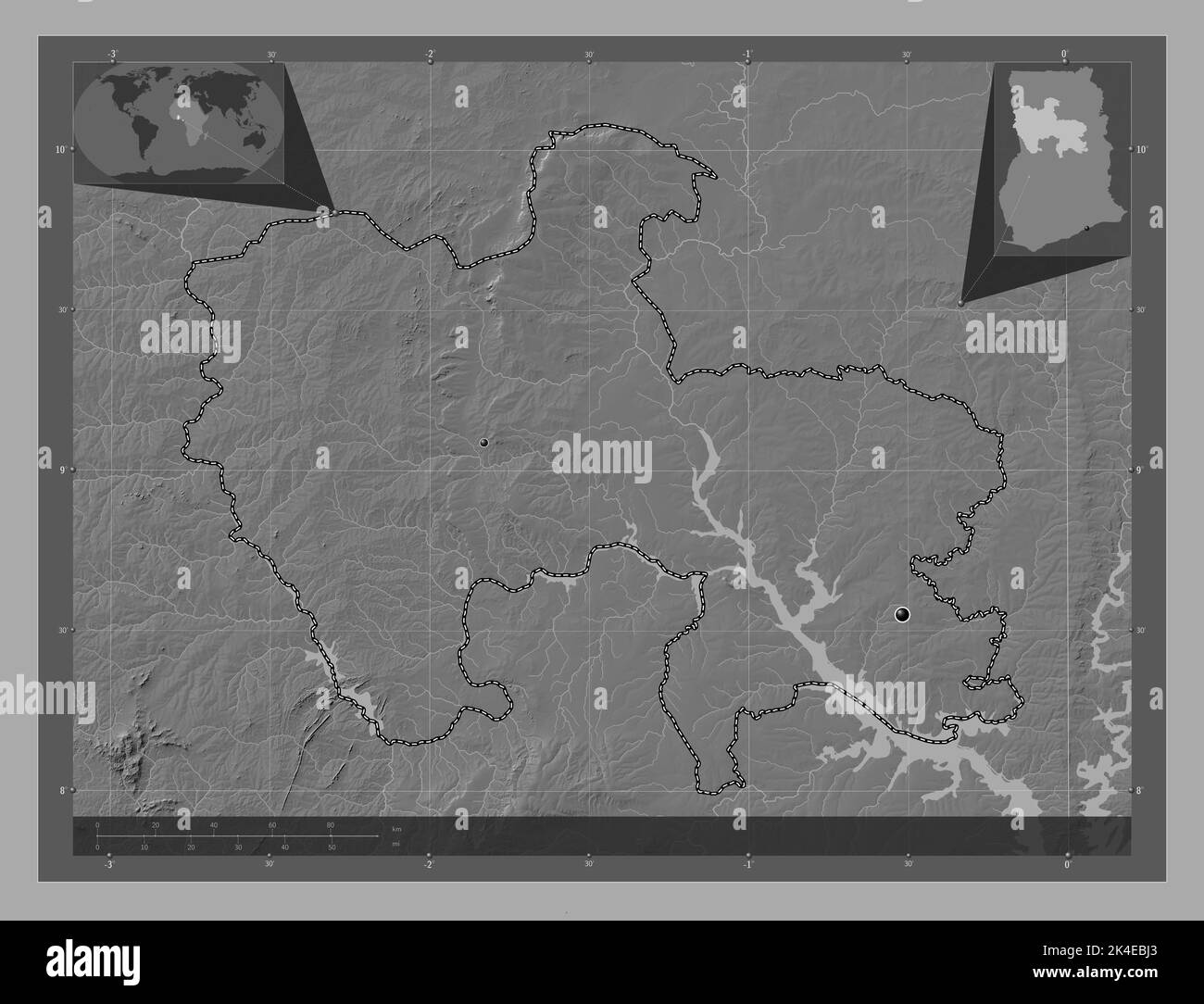 Savannah, region of Ghana. Bilevel elevation map with lakes and rivers. Locations of major