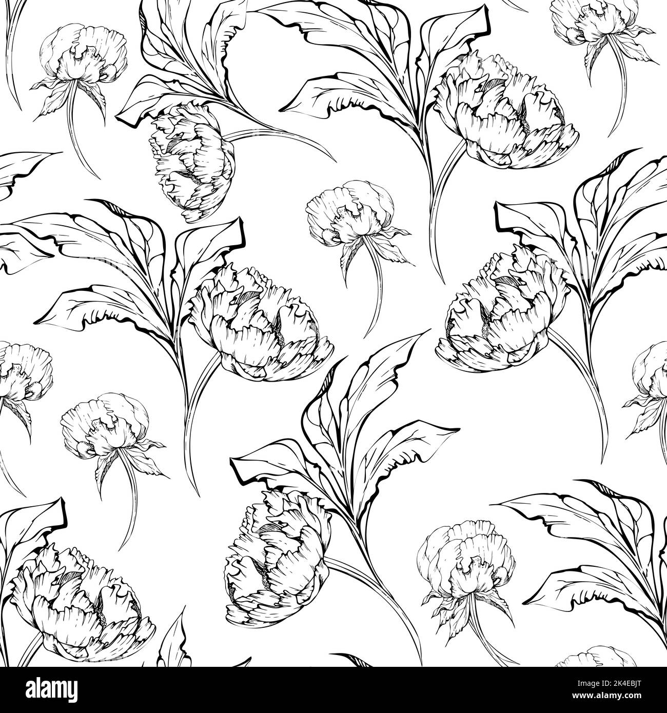 Hand drawn vector seamless pattern with peony flowers, buds and leaves ...
