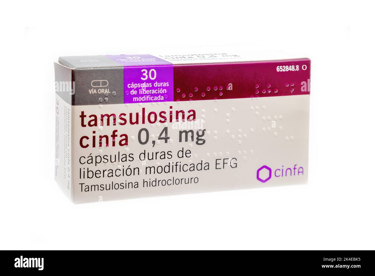 Huelva, Spain - October 2, 2022:  Box of Tamsulosin from Cinfa Laboratory, is a medication used to treat symptomatic benign prostatic hyperplasia (BPH Stock Photo