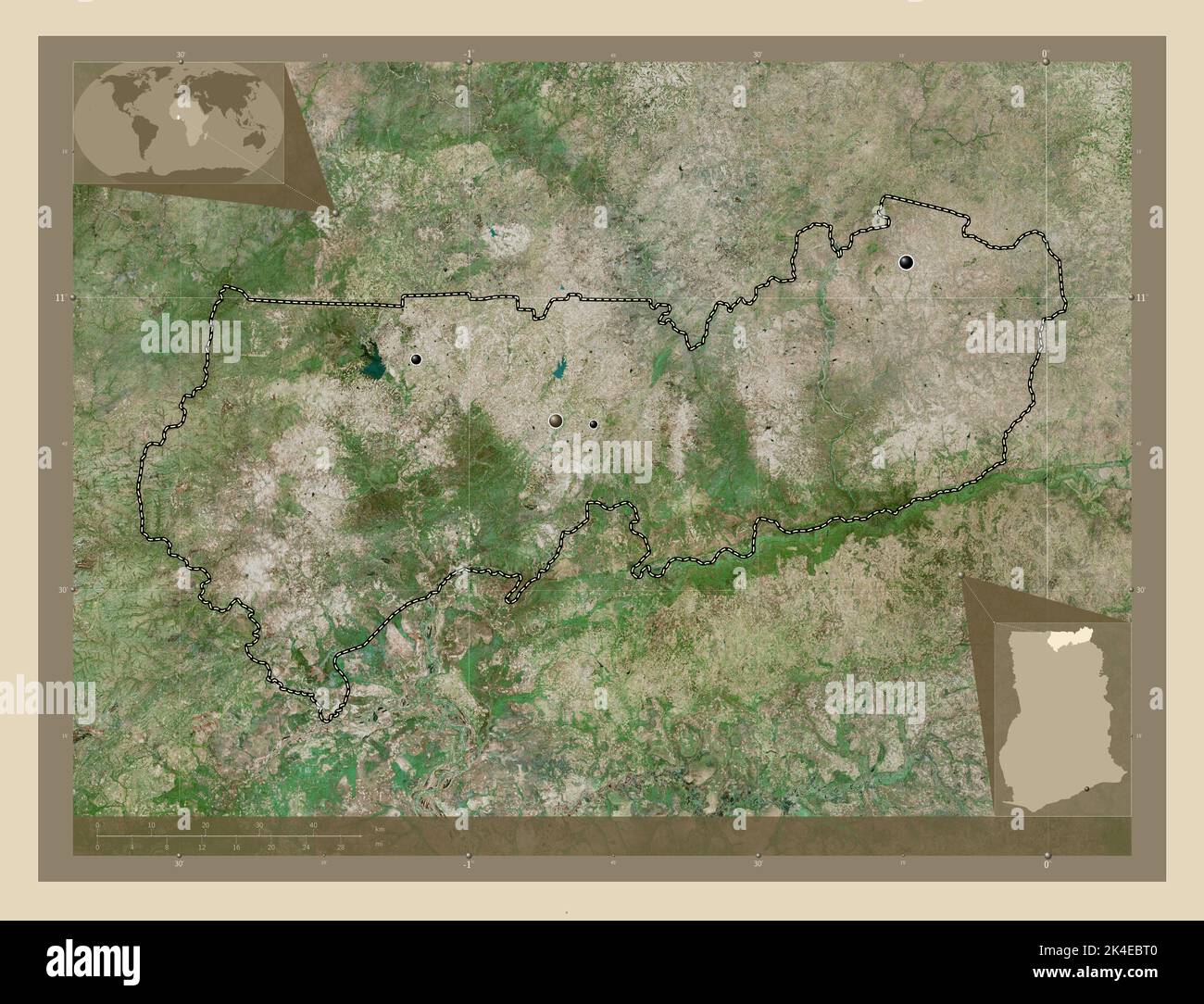 Upper East, region of Ghana. High resolution satellite map. Locations