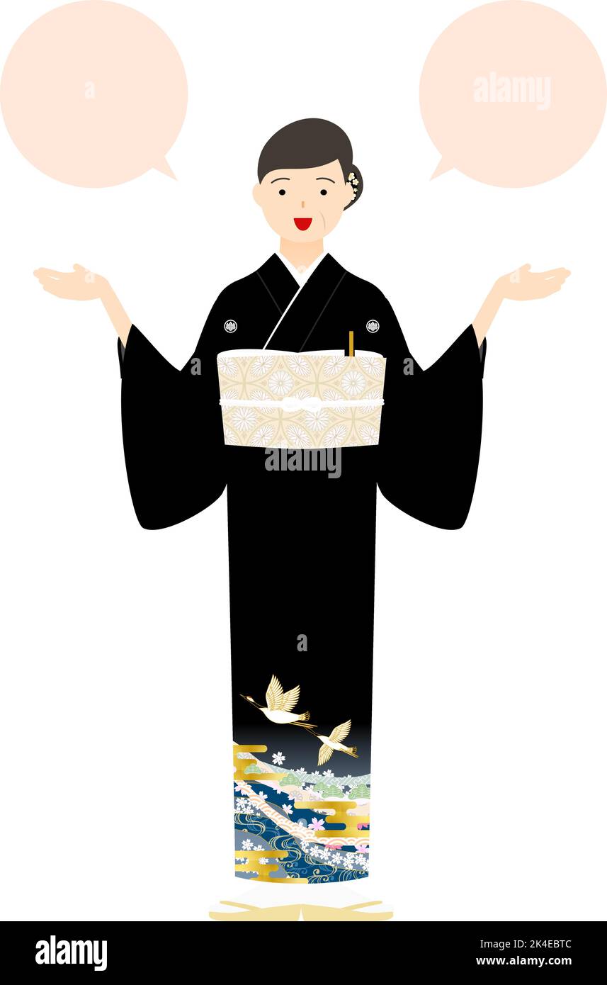 Senior woman in kurotomesode, kimono-clad, posed setSpeak with open arms (with speech balloon) Stock Vector