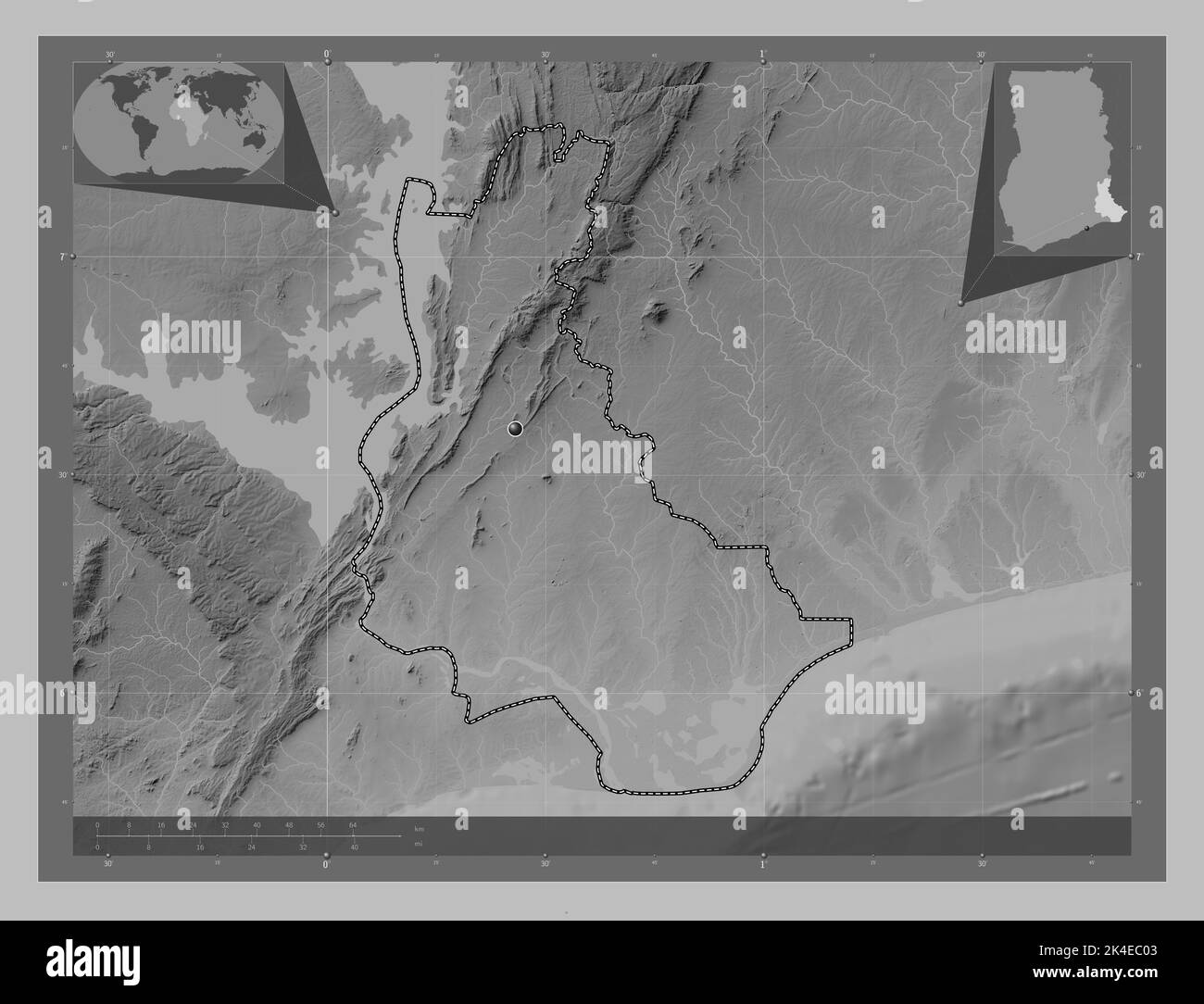 Volta, region of Ghana. Grayscale elevation map with lakes and rivers ...