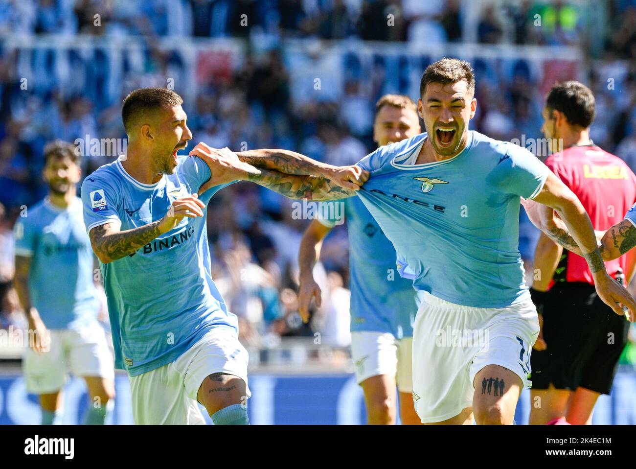 Rome, Italy. 02nd Oct, 2022. Mattia Zaccagni (SS Lazio) and Alessio Romagnoli (SS Lazio) celebrates after scoring the goal 2-0 during the Italian Football Championship League A 2022/2023 match between SS Lazio vs Spezia Calcio at the Olimpic Stadium in Rome on 02 October 2022. Credit: Independent Photo Agency/Alamy Live News Stock Photo
