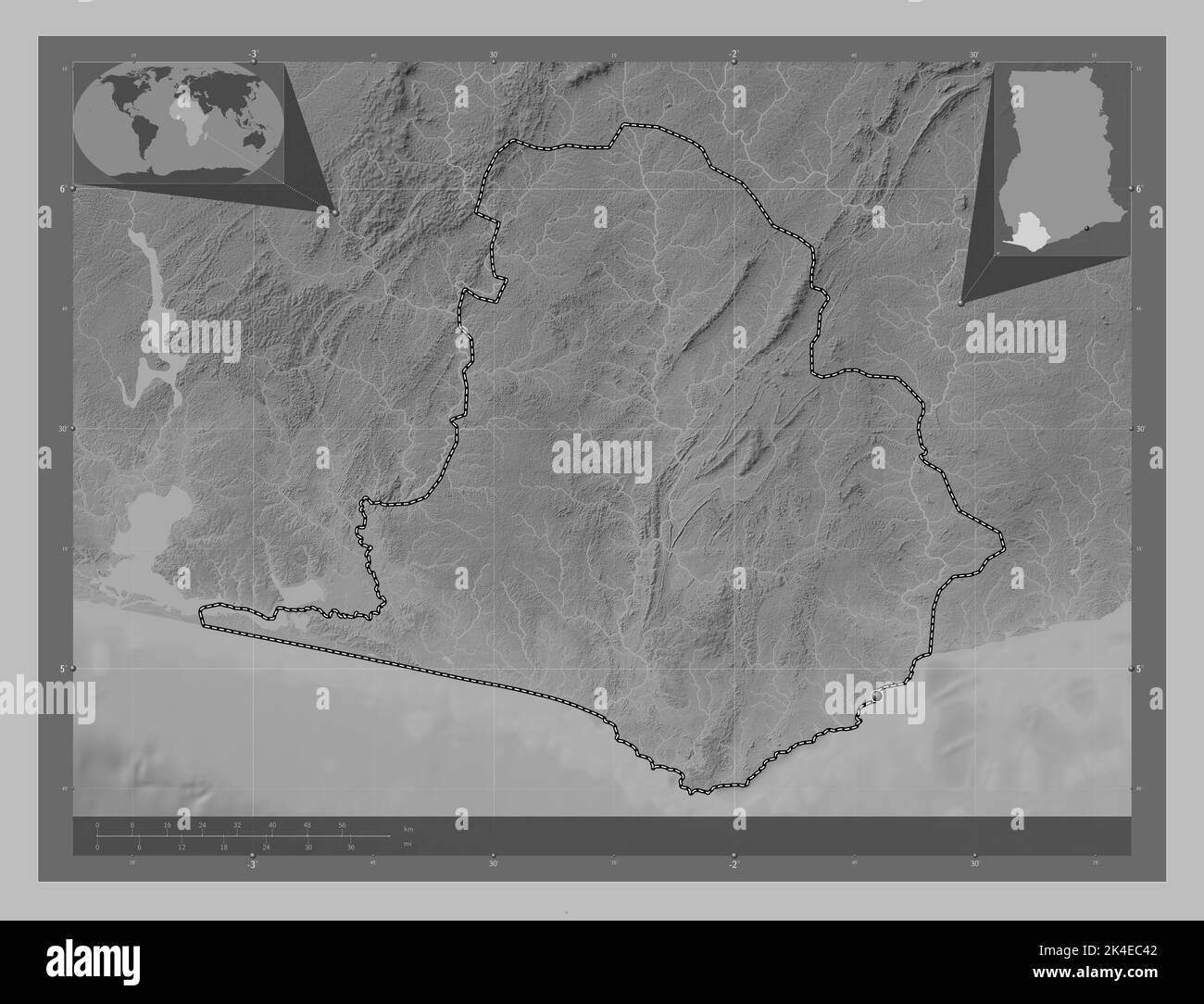 Western, region of Ghana. Grayscale elevation map with lakes and rivers