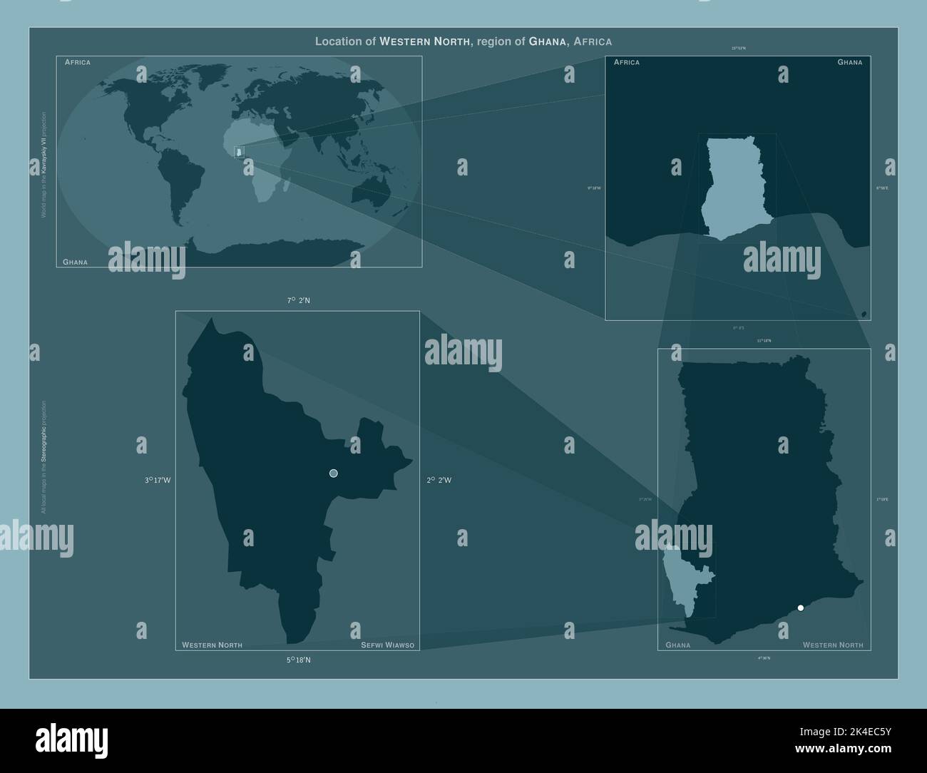 Western North, region of Ghana. Diagram showing the location of the region on largerscale maps