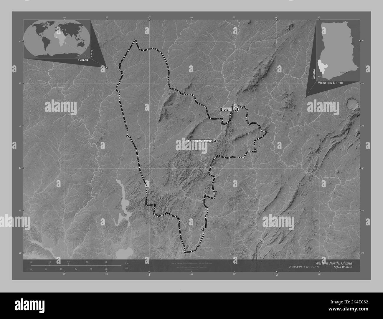 Western North, region of Ghana. Grayscale elevation map with lakes and rivers. Locations and