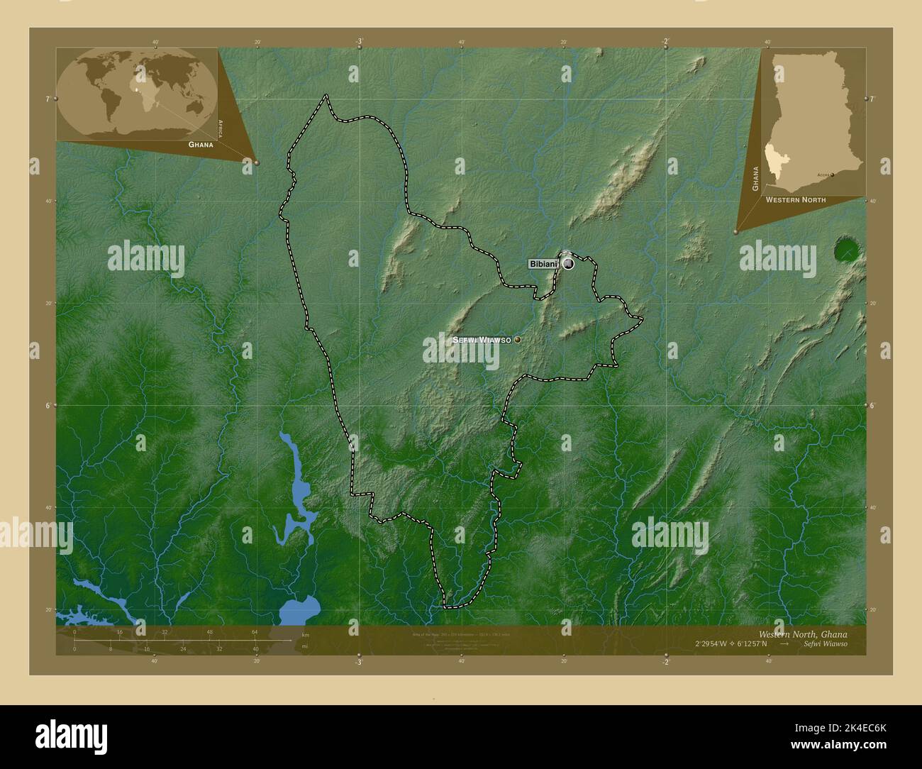 Western North, region of Ghana. Colored elevation map with lakes and rivers. Locations and names