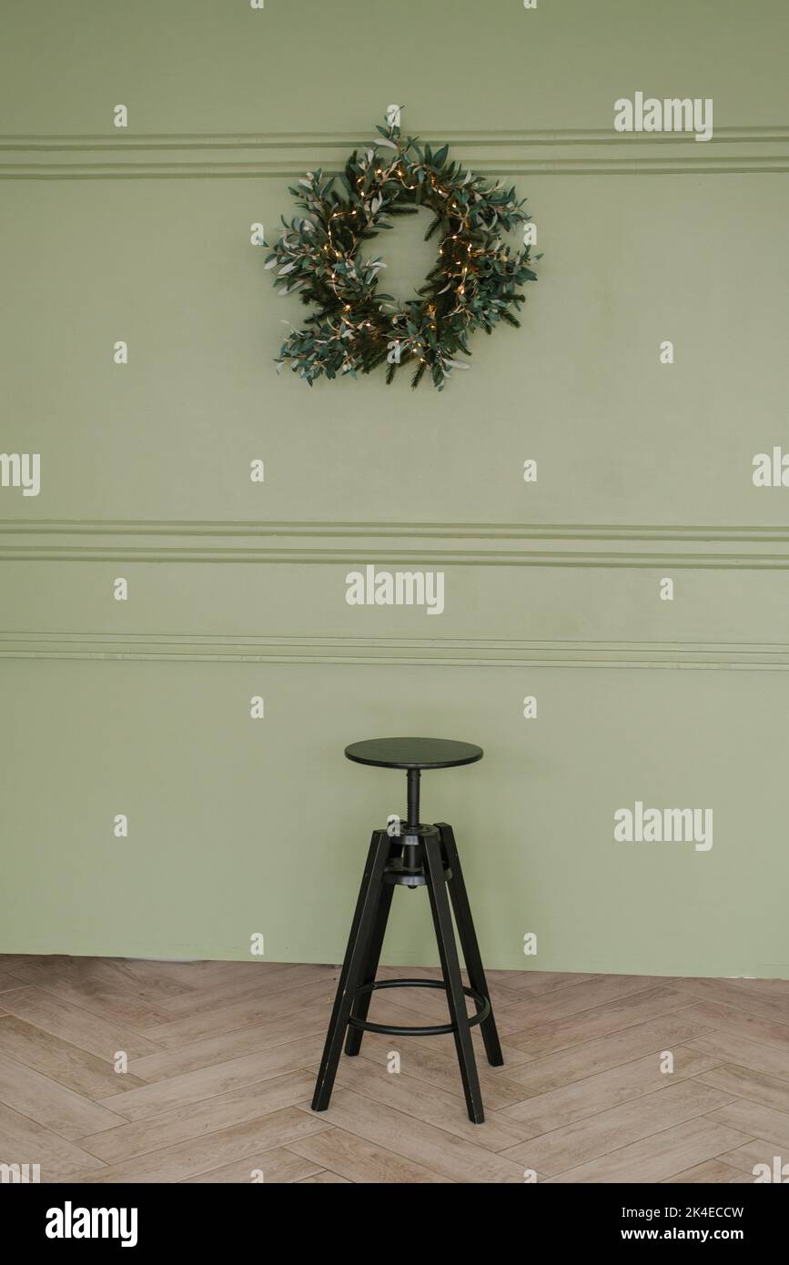 Stylish minimalistic photo zone at a corporate party dedicated to Christmas Stock Photo