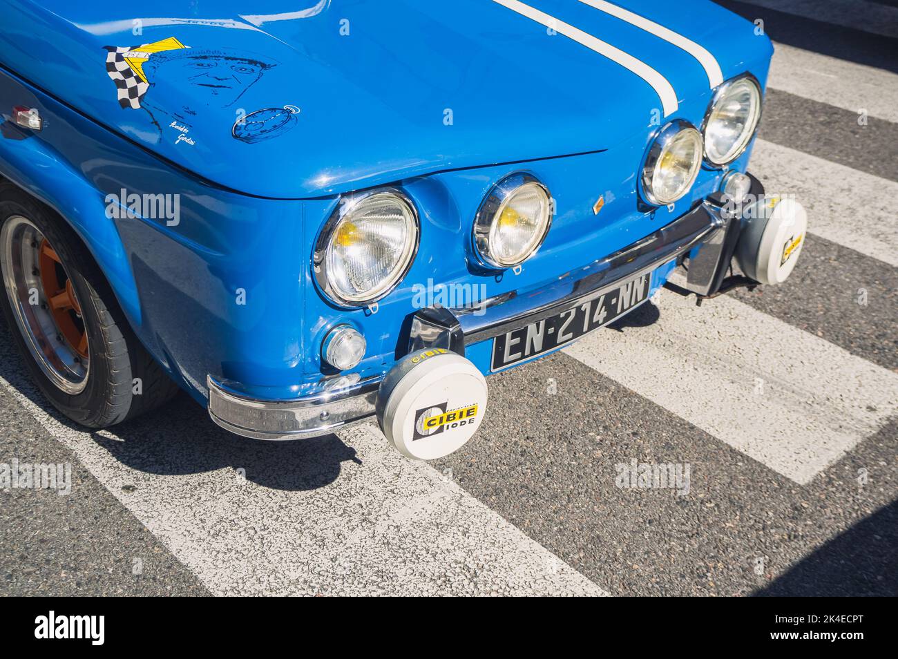 Loriol sur Drome, France - 17 September, 2022: Vintage blue Renault 8 Gordini 1300 racing car, on the street. Stock Photo