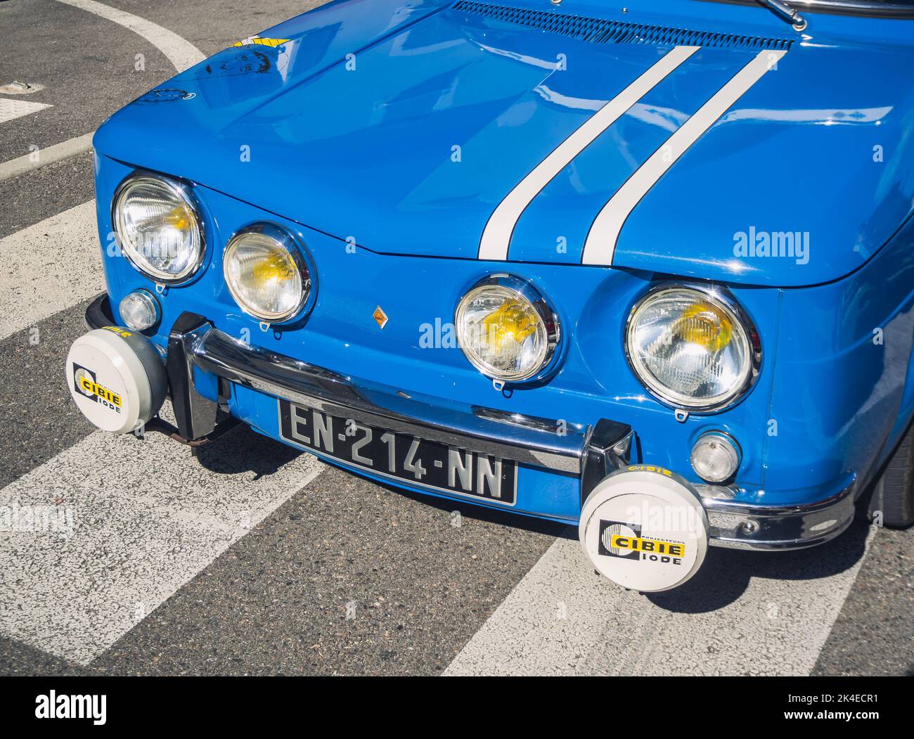 Loriol sur Drome, France - 17 September, 2022: Vintage blue Renault 8 Gordini 1300 racing car, on the street. Stock Photo