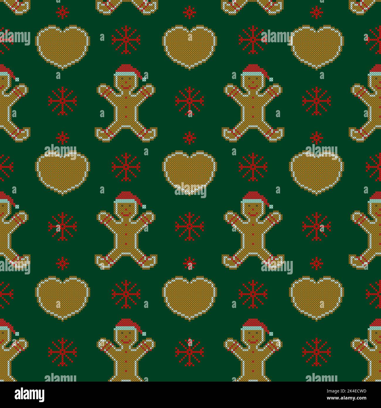 Merry Christmas vector seamless pattern. Gingerbread cookies cross stitch embroidery. Stock Vector