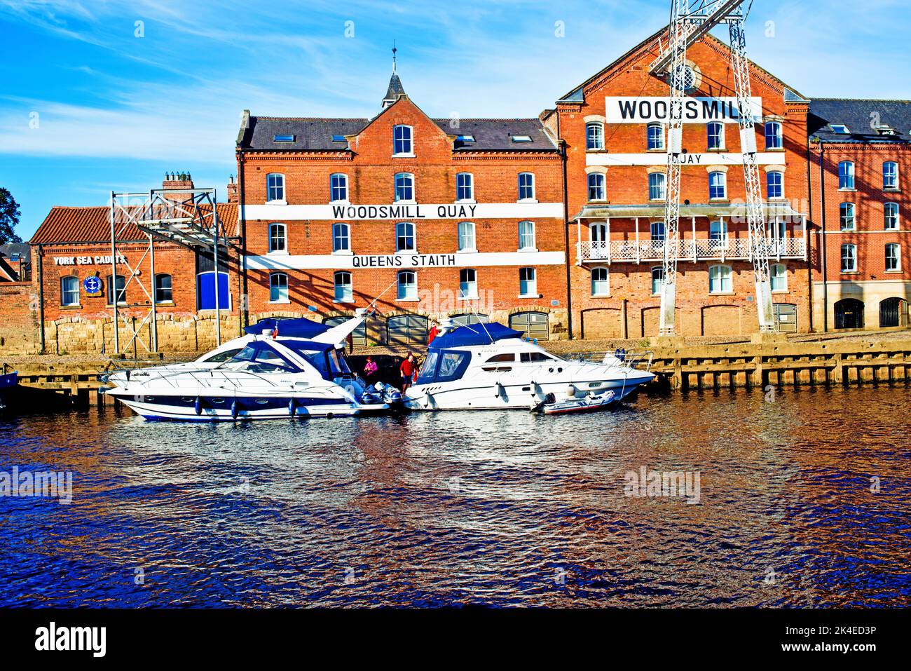 Luxury Boats on River Ouse at Queens Staithes, York, England Stock