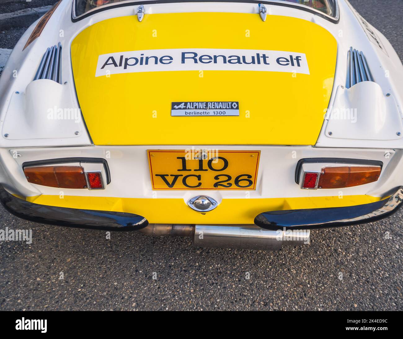 Loriol sur Drome, France - 17 September, 2022: Vintage renault alpine berlinette 1300. Old white and yellow racing car parked on the street Stock Photo