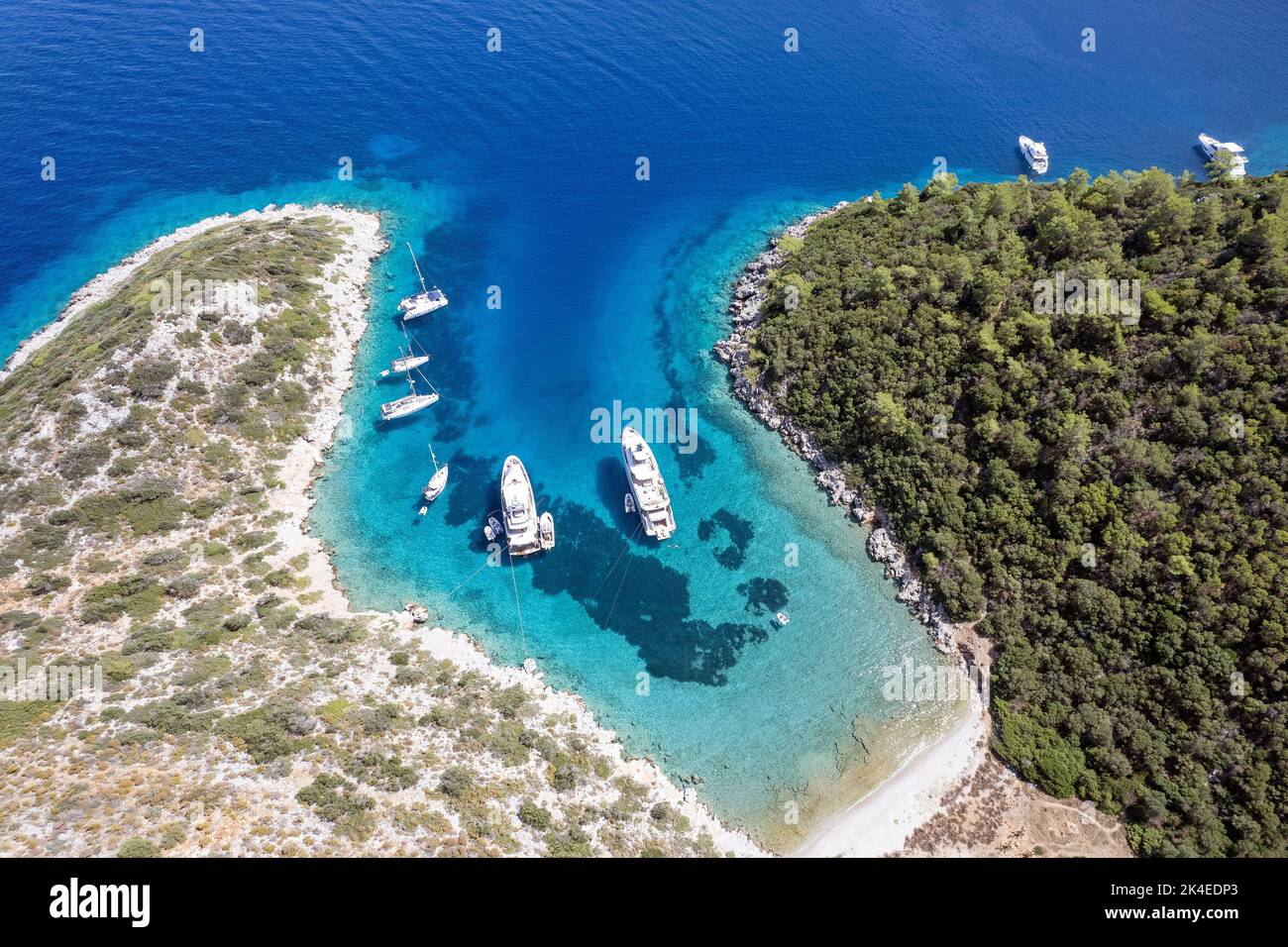 Aerial view of Mersincik Cove, Datça Peninsula, Gokova Bay Turkey Stock Photo