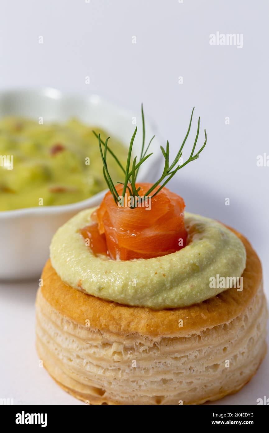 vol au vent with guacamole and smoked salmon Stock Photo