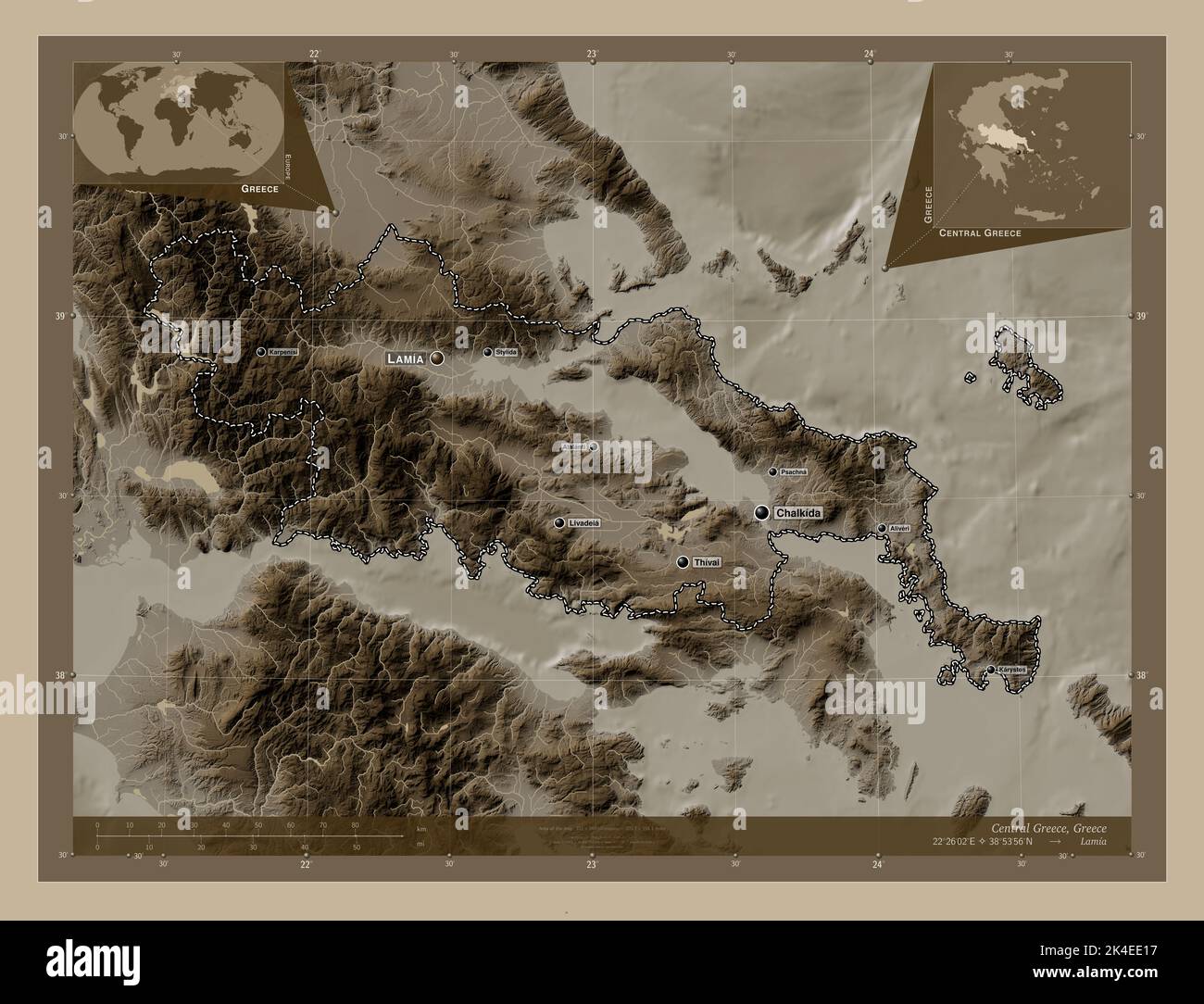 Central Greece, decentralized administration of Greece. Elevation map ...