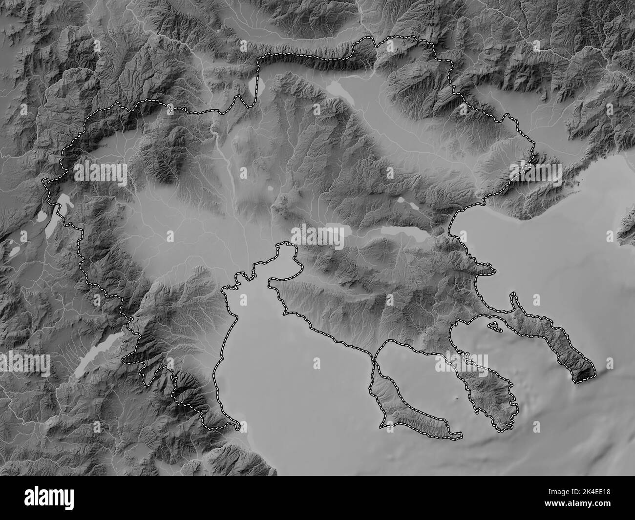 Central Macedonia, decentralized administration of Greece. Grayscale elevation map with lakes and rivers Stock Photo