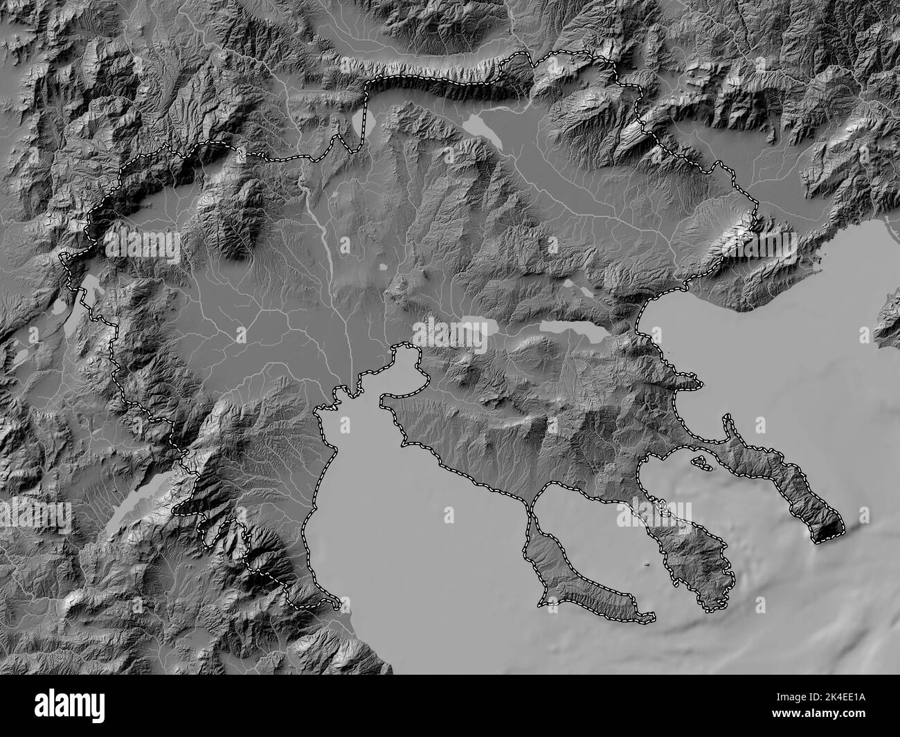 Central Macedonia, decentralized administration of Greece. Bilevel elevation map with lakes and rivers Stock Photo