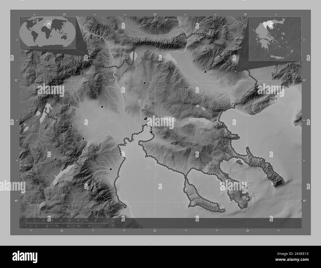 Central Macedonia, decentralized administration of Greece. Grayscale elevation map with lakes and rivers. Locations of major cities of the region. Cor Stock Photo