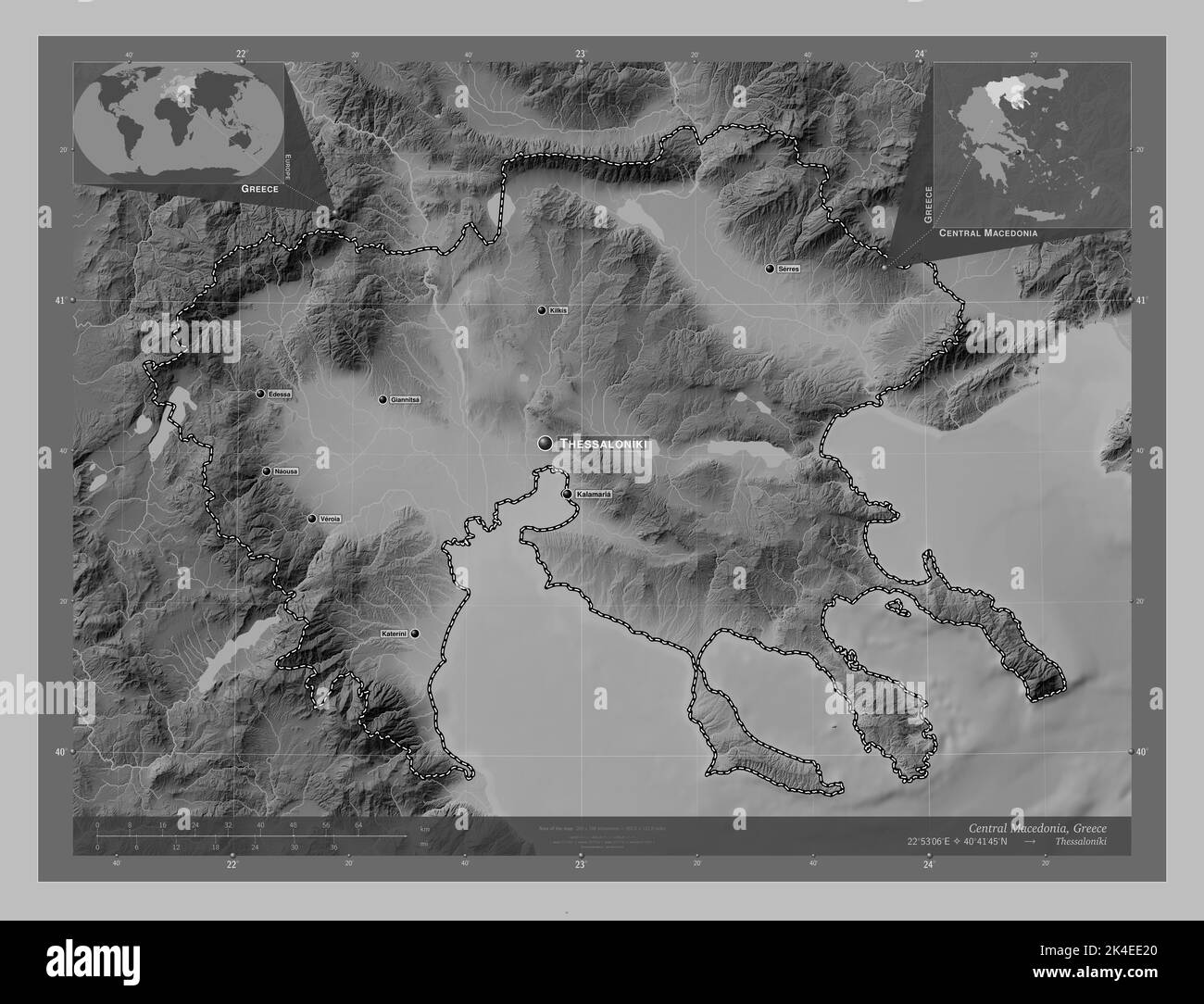 Central Macedonia, decentralized administration of Greece. Grayscale elevation map with lakes and rivers. Locations and names of major cities of the r Stock Photo