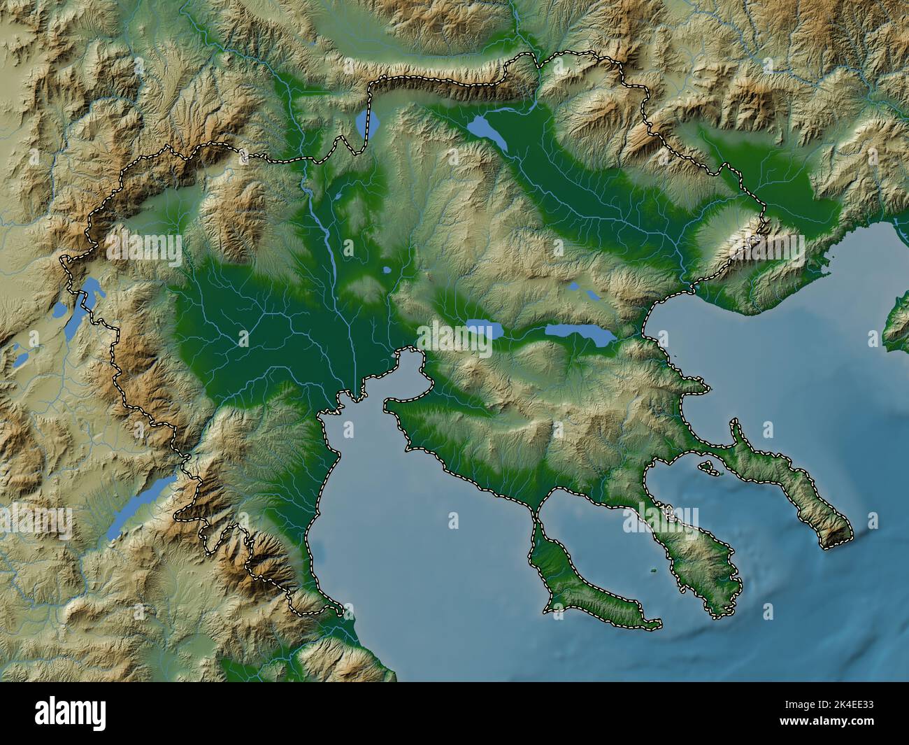 Central Macedonia, decentralized administration of Greece. Colored elevation map with lakes and rivers Stock Photo