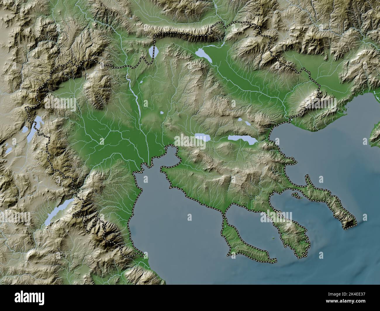 Central Macedonia, decentralized administration of Greece. Elevation map colored in wiki style with lakes and rivers Stock Photo
