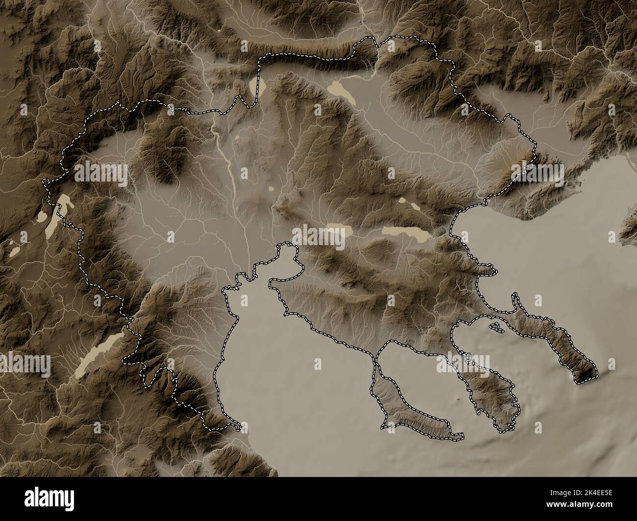 Central Macedonia, decentralized administration of Greece. Elevation map colored in sepia tones with lakes and rivers Stock Photo