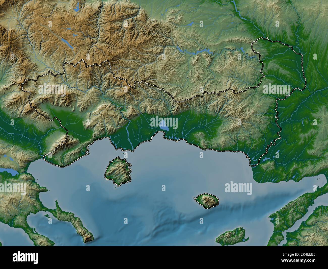 Eastern Macedonia and Thrace, decentralized administration of Greece. Colored elevation map with lakes and rivers Stock Photo