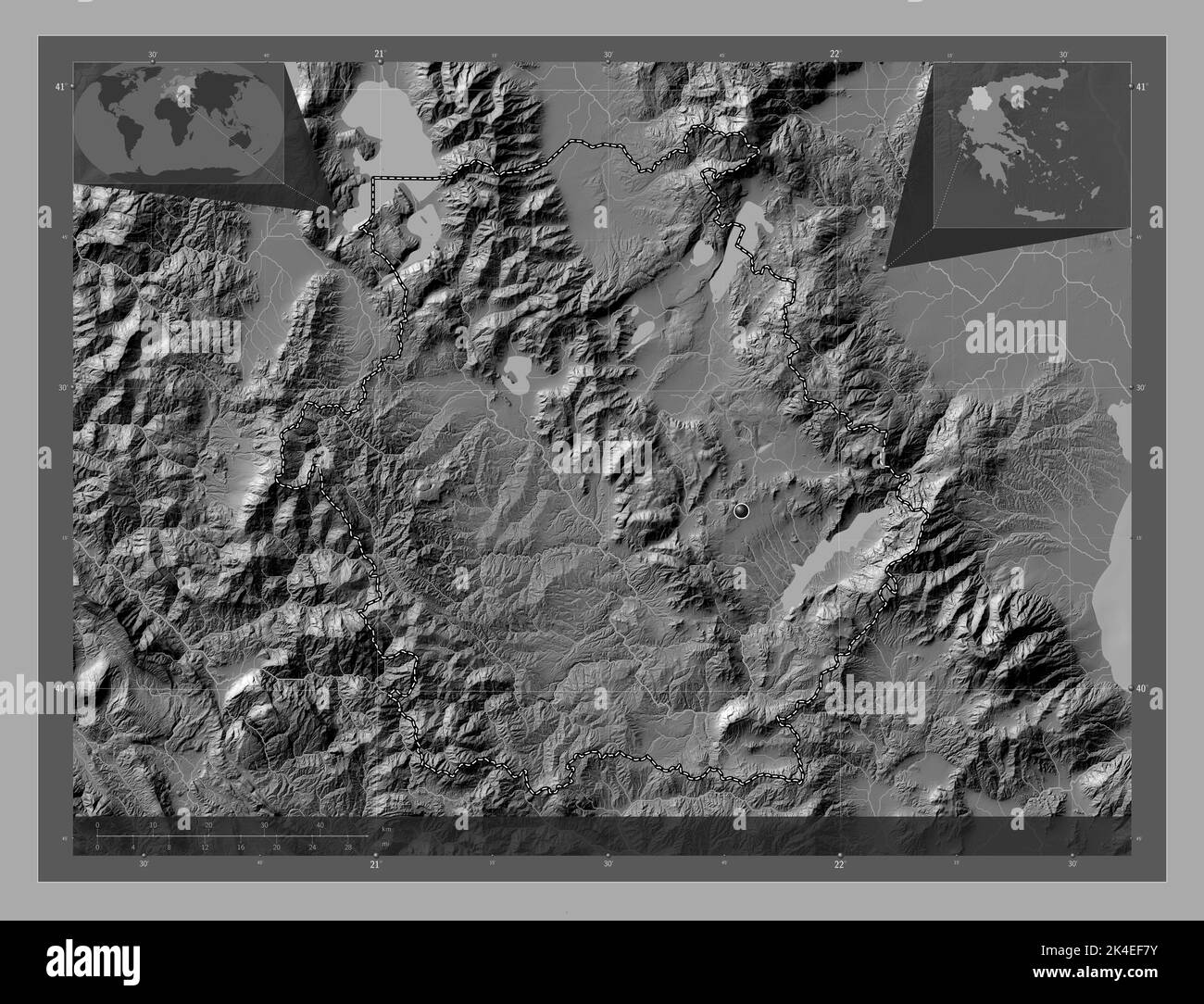 Western Macedonia, decentralized administration of Greece. Bilevel elevation map with lakes and rivers. Corner auxiliary location maps Stock Photo