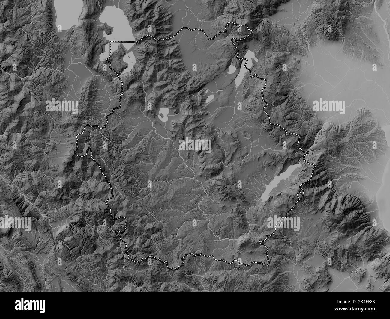 Western Macedonia, decentralized administration of Greece. Grayscale elevation map with lakes and rivers Stock Photo