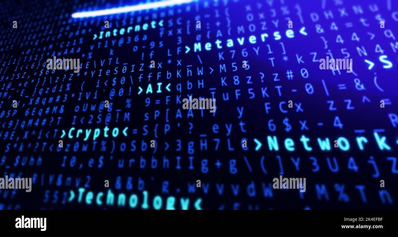Binary code with crypto, internet, ai, network and metaverse text ...